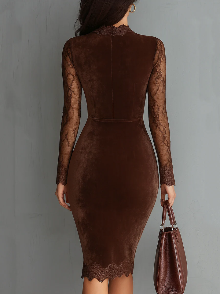 Elegant Brown Velvet Midi Dress for Women with High Neck Lace Long Sleeve Bodycon Cocktail Style