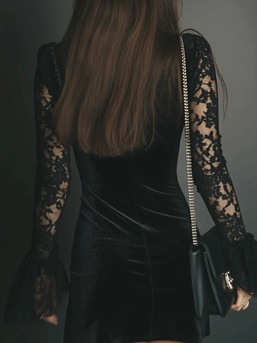 Elegant Black Velvet Mini Dress for Women with V Neck Lace Bell Sleeve Bodycon Cocktail Style