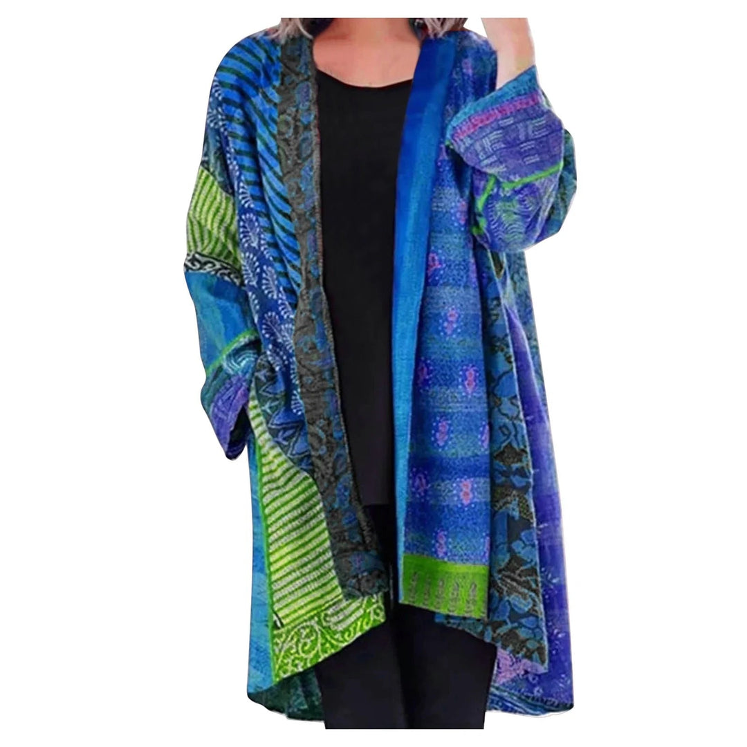 Effortless Patchwork Print Kimono Cardigan for Women with Open Front Long Sleeve Flowing Bohemian Style