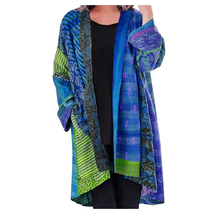 Effortless Patchwork Print Kimono Cardigan for Women with Open Front Long Sleeve Flowing Bohemian Style