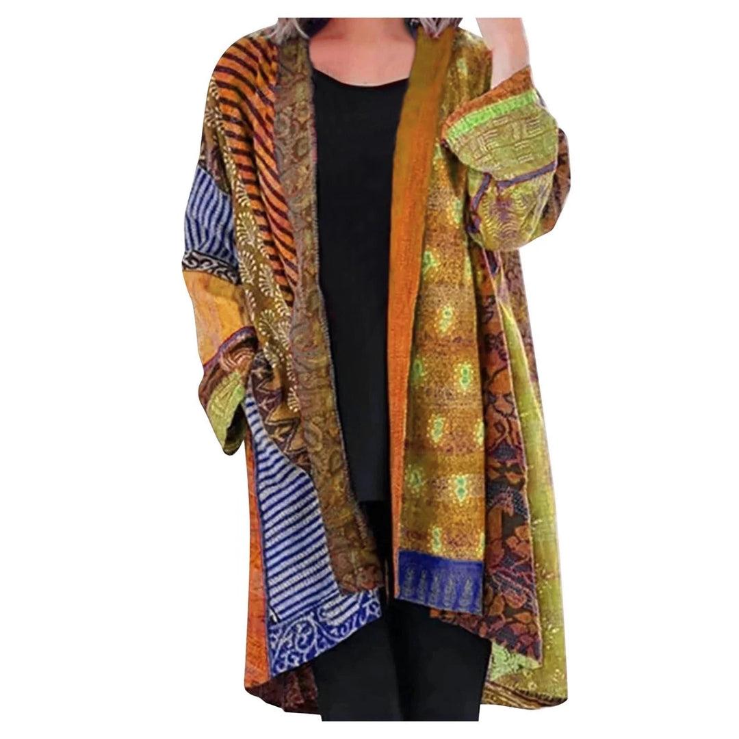 Effortless Patchwork Print Kimono Cardigan for Women with Open Front Long Sleeve Flowing Bohemian Style