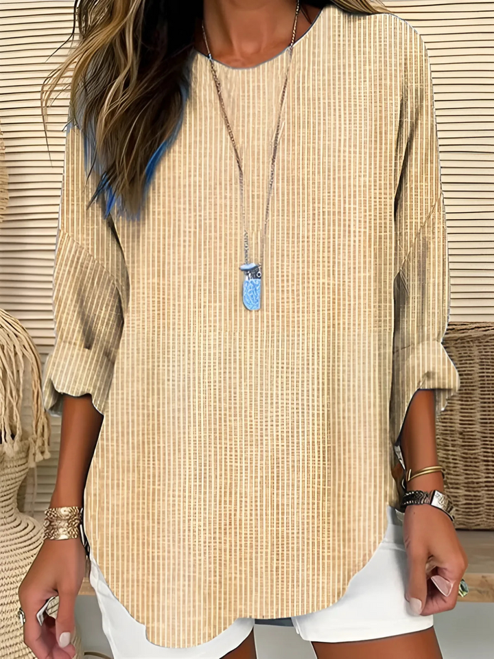 Effortless Striped Tunic Blouse for Women with Split Neck Bell Sleeve Curved Hem Relaxed Style