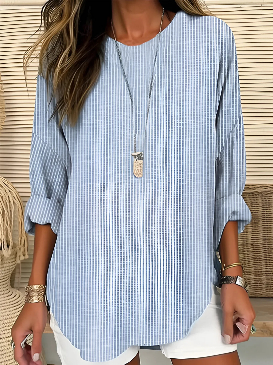 Effortless Striped Tunic Blouse for Women with Split Neck Bell Sleeve Curved Hem Relaxed Style