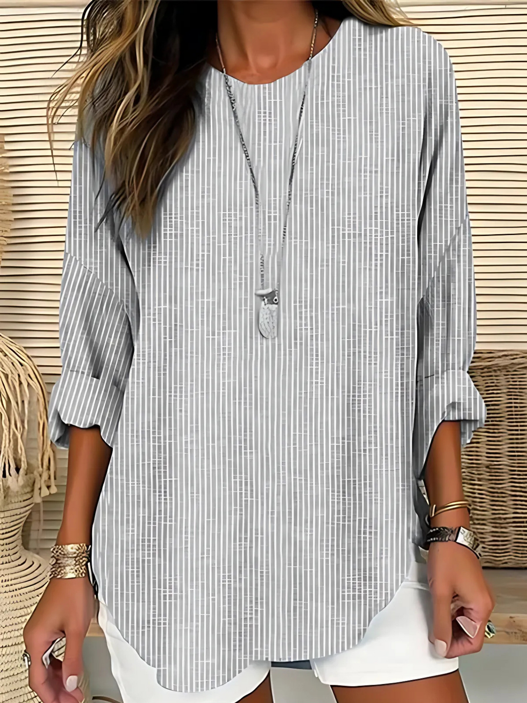Effortless Striped Tunic Blouse for Women with Split Neck Bell Sleeve Curved Hem Relaxed Style