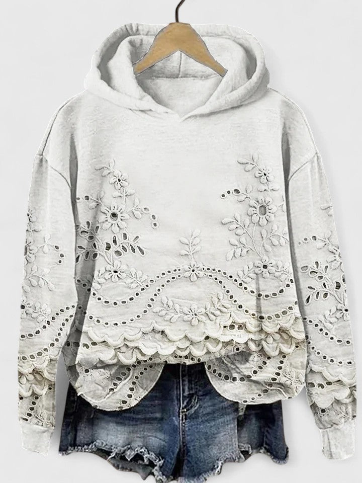 Effortless Eyelet Embroidered Cropped Hoodie for Women with Hood Long Sleeve Scalloped High Low Hem Bohemian Style