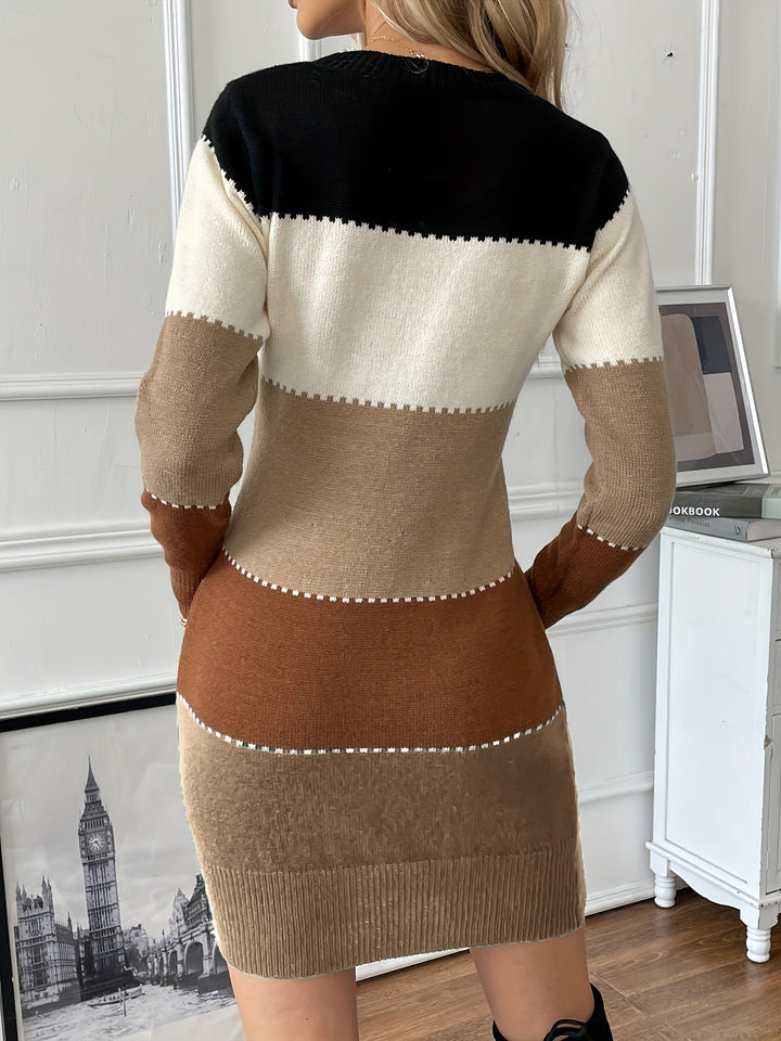 Elegant Colorblock Sweater Dress for Women with Crew Neck Long Sleeve Bodycon Knit Style