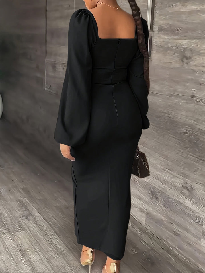 Elegant Bodycon Midi Dress for Women with Square Neck Long Puff Sleeve Side Slit Cocktail Style