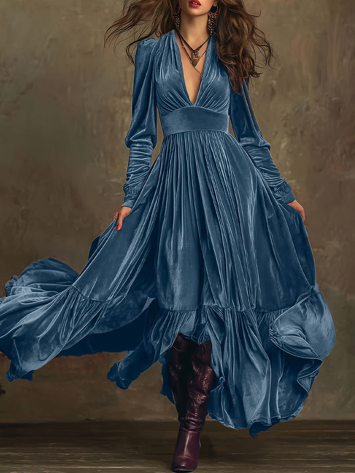 Elegant Velvet Maxi Dress for Women with Plunging V Neck Long Sleeve Tiered Ruffle Flowing Style