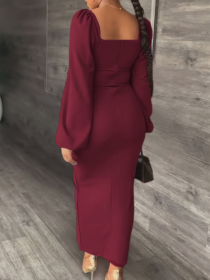 Elegant Bodycon Midi Dress for Women with Square Neck Long Puff Sleeve Side Slit Cocktail Style