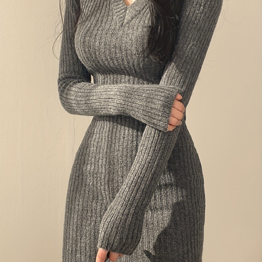 Elegant Ribbed Sweater Mini Dress for Women with V Neck Long Sleeve Bodycon Knit Style