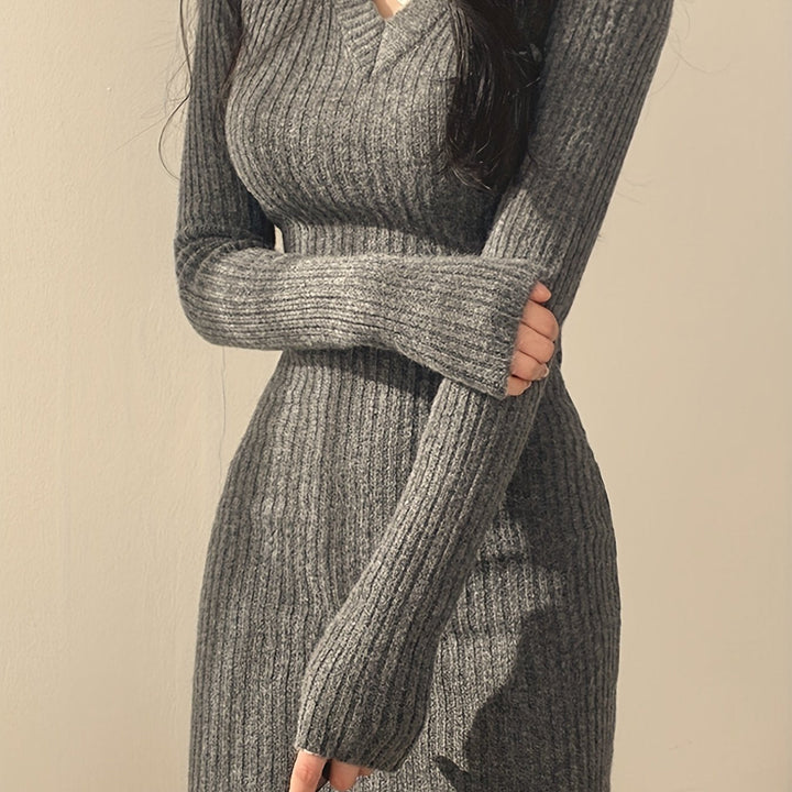 Elegant Ribbed Sweater Mini Dress for Women with V Neck Long Sleeve Bodycon Knit Style