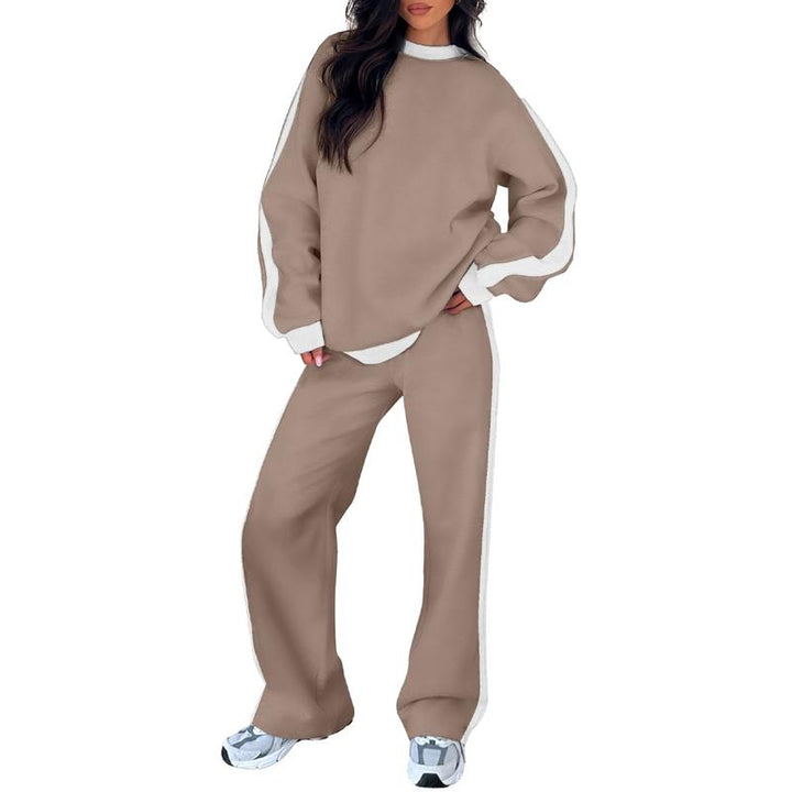 Comfortable Colorblock Wide Leg Set for Women with Crewneck Long Sleeve Contrast Stripe Two Piece Style