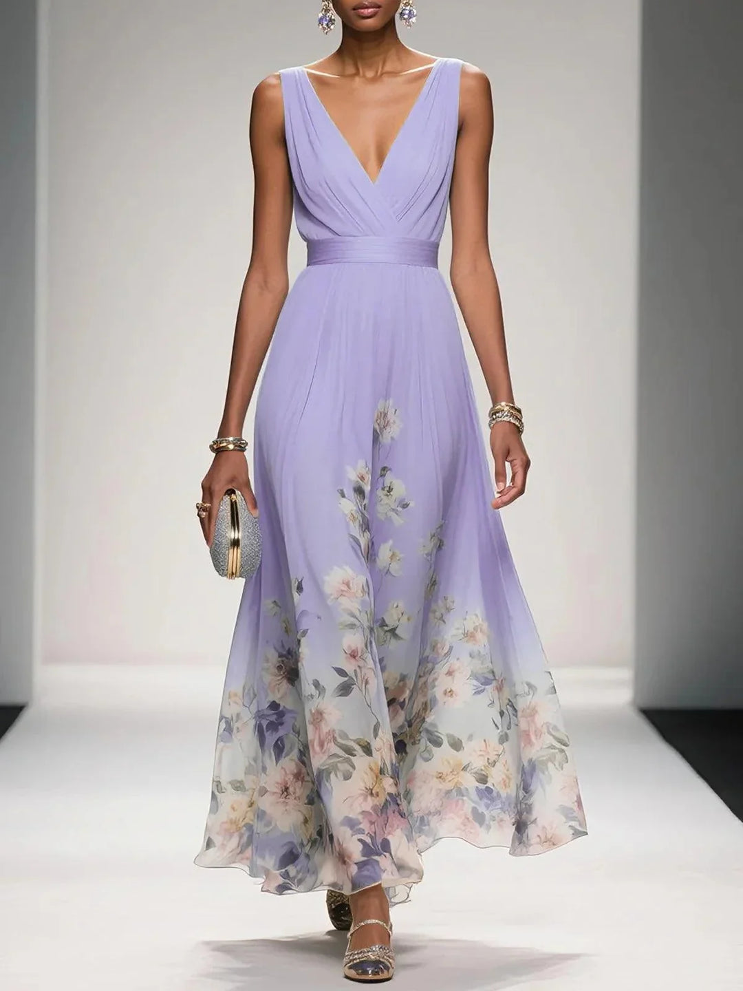 Effortless Floral Maxi Dress for Women with V Neck Sleeveless Flowing Formal Wedding Guest Style