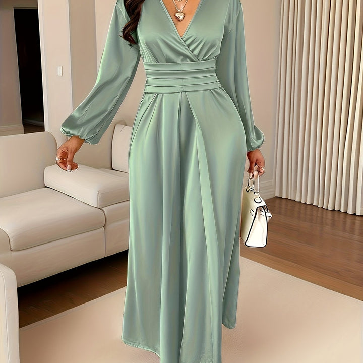 Elegant Satin Wrap Maxi Dress for Women with V Neck Bishop Sleeve Pleated Waist High Slit Flowing Style