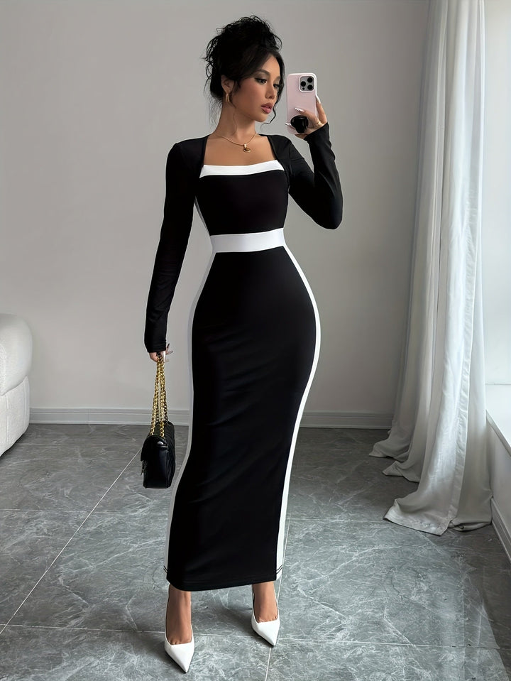 Elegant Black Colorblock Maxi Dress for Women with Square Neck Long Sleeve Bodycon Column Style