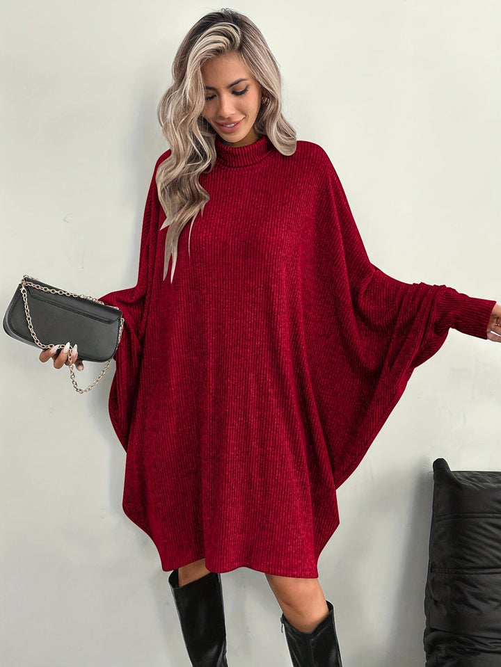 Comfortable Ribbed Knit Sweater Dress for Women with Mock Neck Batwing Sleeve Relaxed Oversized Knit Style