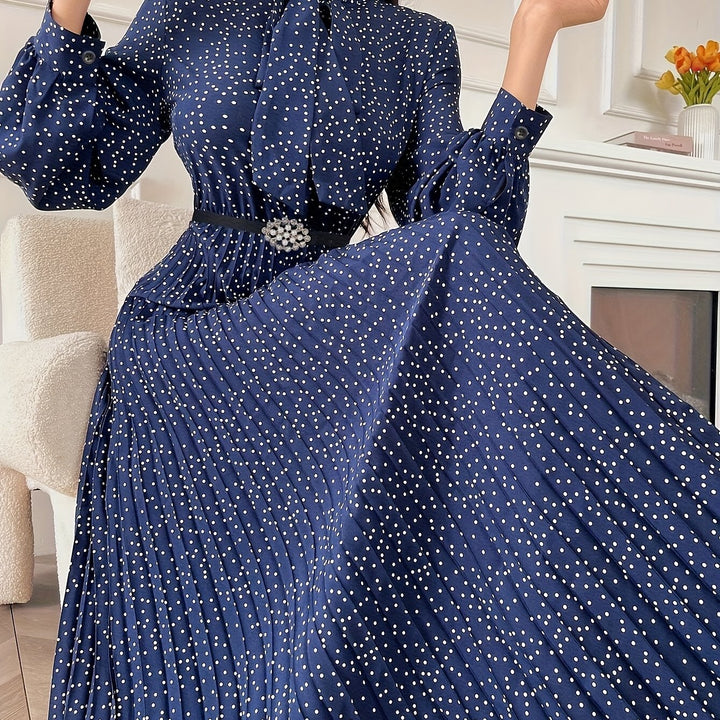 Elegant Polka Dot Maxi Dress for Women with Tie Neck Long Sleeve Pleated Belted Flowing Style