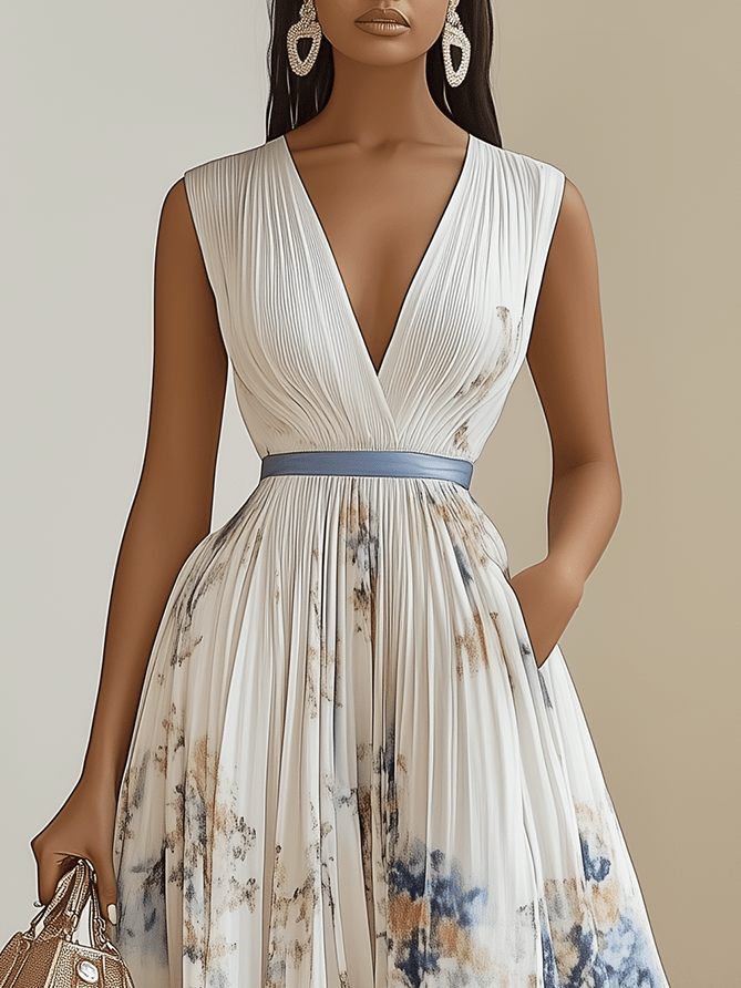Effortless White Floral Midi Dress for Women with V Neck Sleeveless Pleated Belted Flowing Style