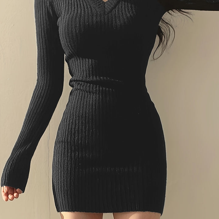 Elegant Ribbed Sweater Mini Dress for Women with V Neck Long Sleeve Bodycon Knit Style
