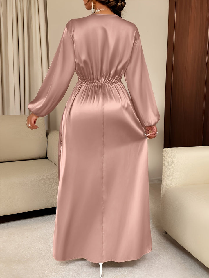 Elegant Satin Wrap Maxi Dress for Women with V Neck Bishop Sleeve Pleated Waist High Slit Flowing Style
