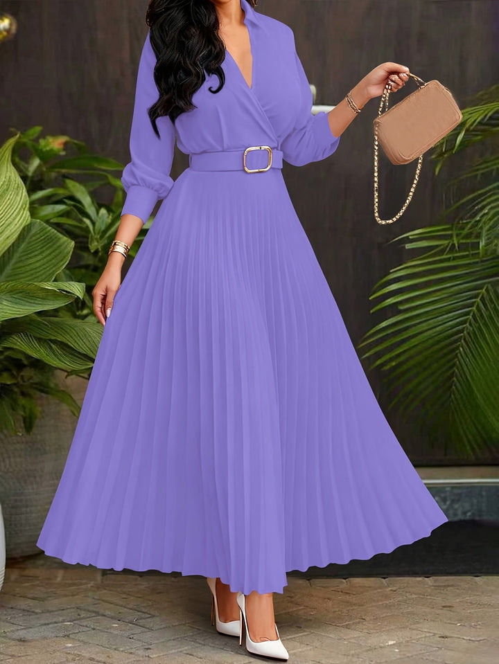 Elegant Pleated Wrap Maxi Dress for Women with Collar V Neck Balloon Sleeve Belted Flowing Style