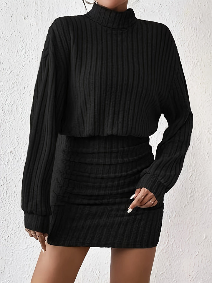 Comfortable Ribbed Mini Dress for Women with Mock Neck Long Sleeve Ruched Bodycon Sweater Style