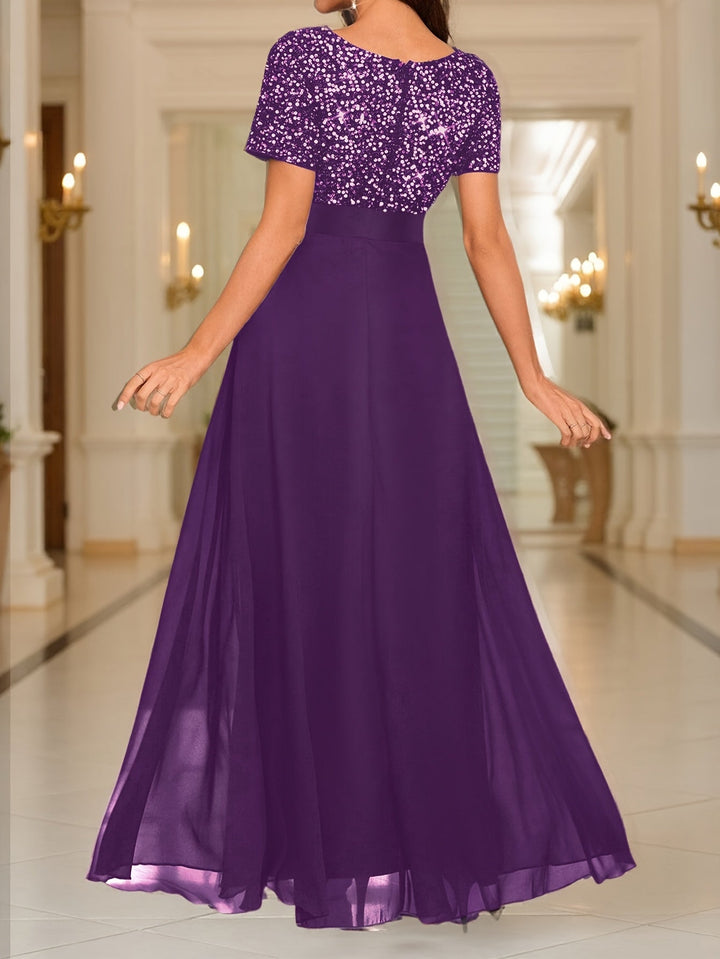 Elegant Sequin Maxi Dress for Women with V Neck Short Sleeve Empire Waist Flowing Formal Wedding Guest Style