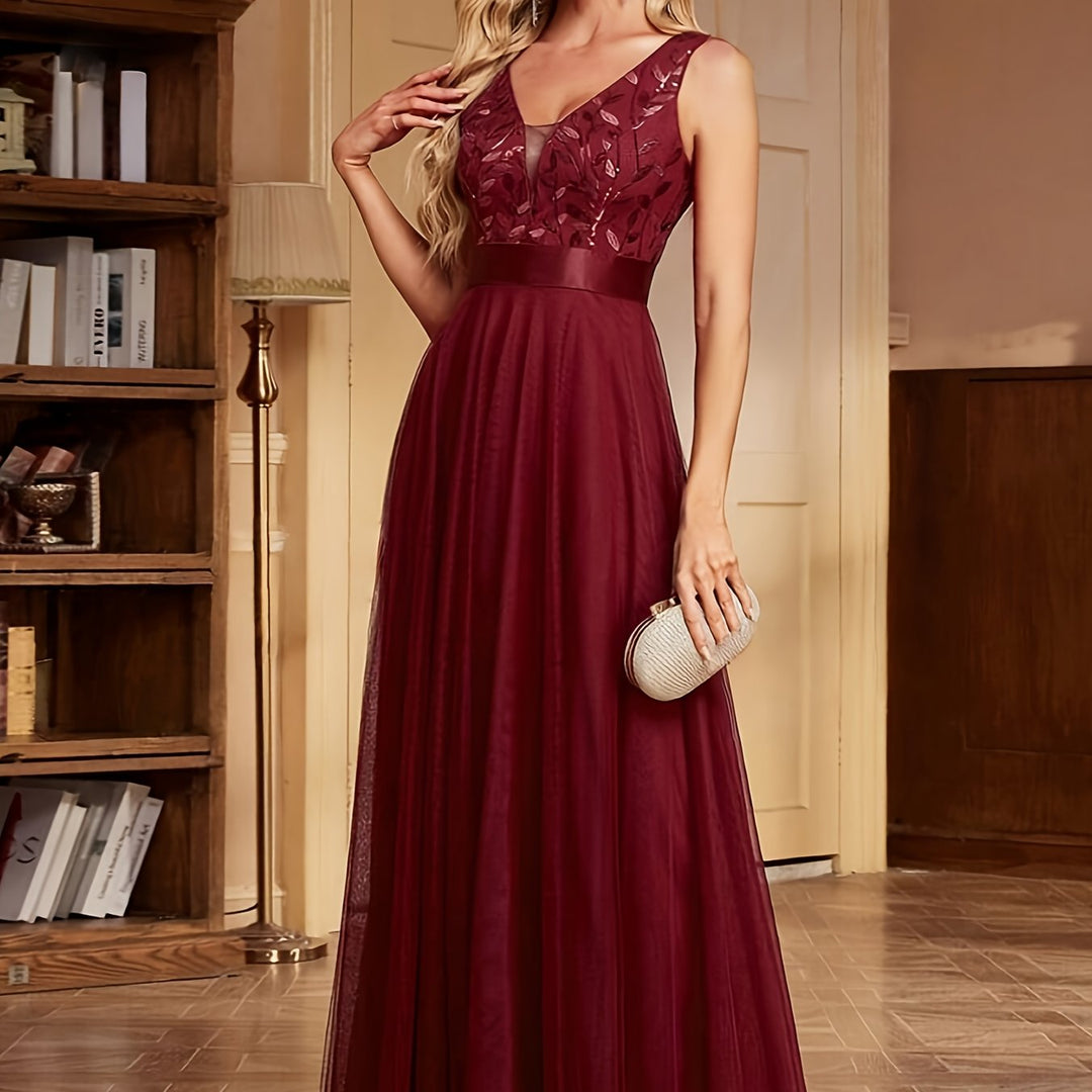 Elegant Embroidered Sequin Maxi Dress for Women with V Neck Sleeveless A Line Formal Wedding Guest Style