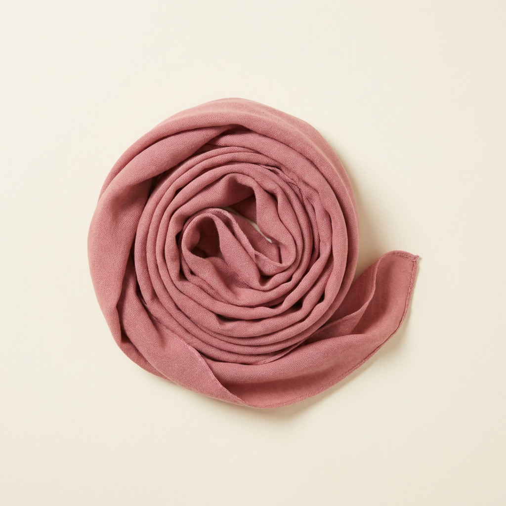 Alessia slim long scarf in dusty rose, coiled on a cream studio backdrop