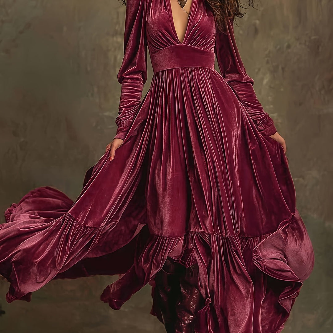 Elegant Velvet Maxi Dress for Women with Plunging V Neck Long Sleeve Tiered Ruffle Flowing Style
