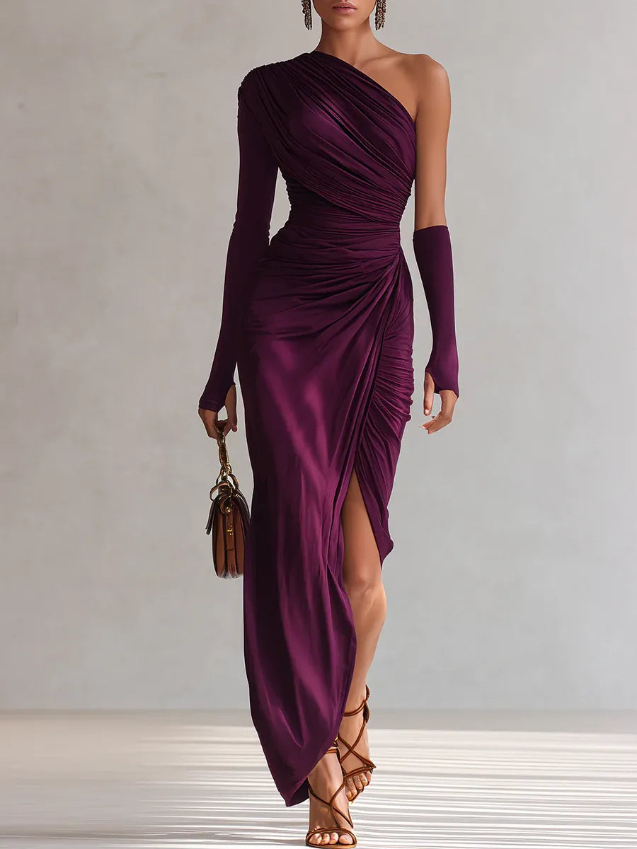 Elegant Purple Maxi Dress for Women with One Shoulder Long Sleeve Ruched High Slit Formal Wedding Guest Style