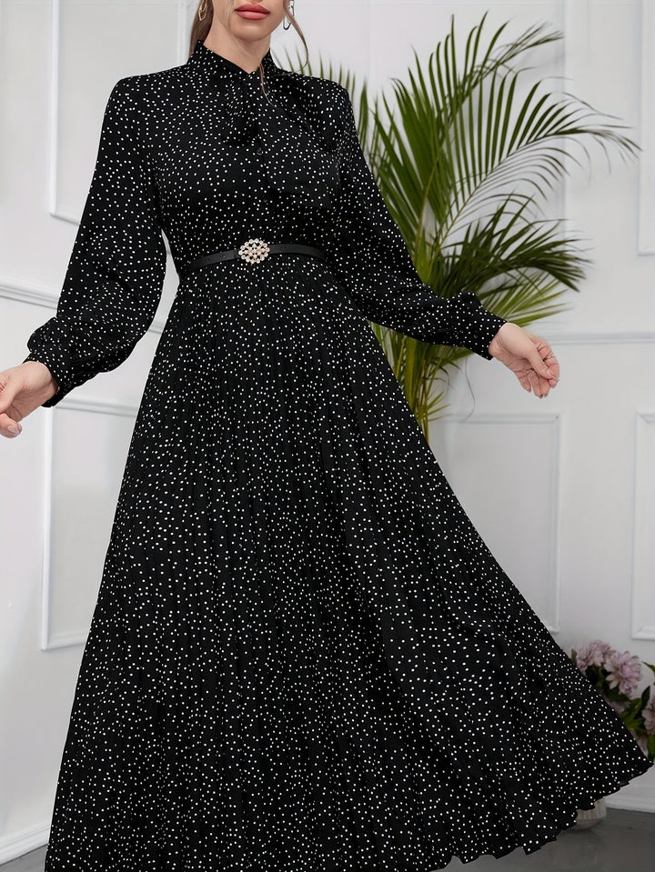 Elegant Polka Dot Maxi Dress for Women with Tie Neck Long Sleeve Pleated Belted Flowing Style
