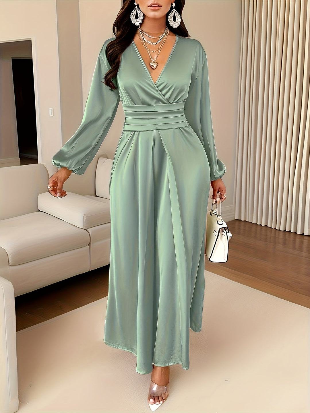 Elegant Satin Wrap Maxi Dress for Women with V Neck Bishop Sleeve Pleated Waist High Slit Flowing Style