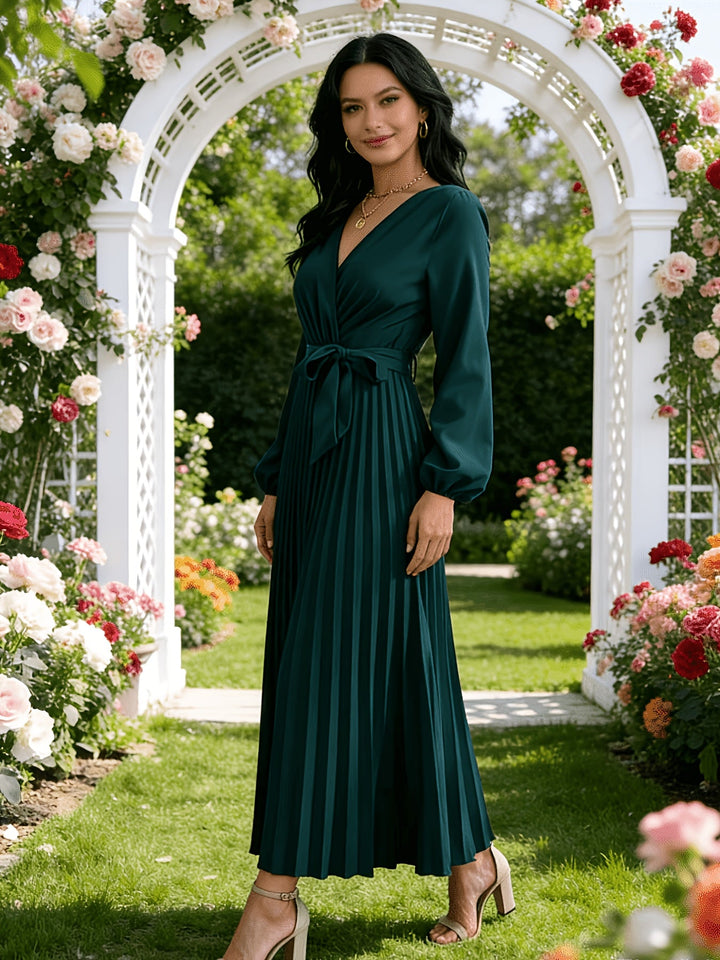 Elegant Pleated Wrap Maxi Dress for Women with V Neck Long Sleeve Belted Flowing Style