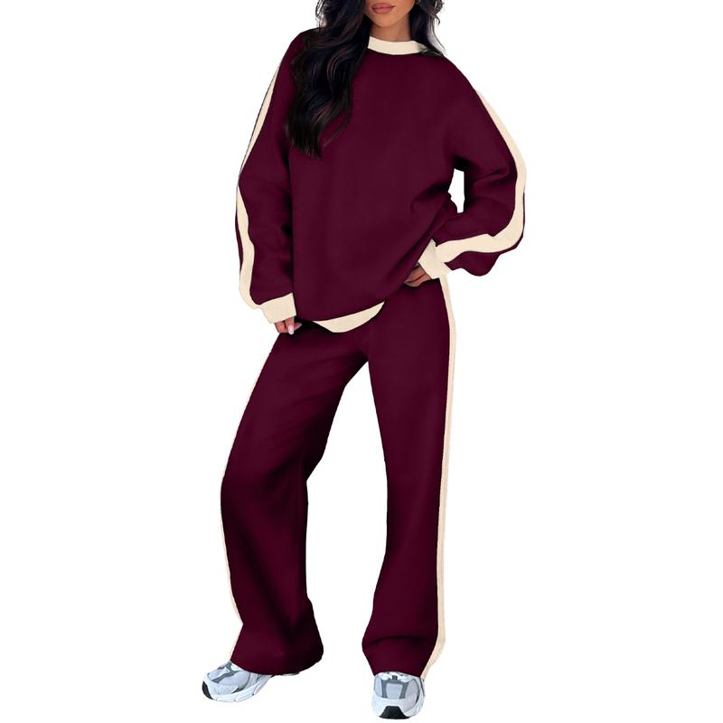 Comfortable Colorblock Wide Leg Set for Women with Crewneck Long Sleeve Contrast Stripe Two Piece Style