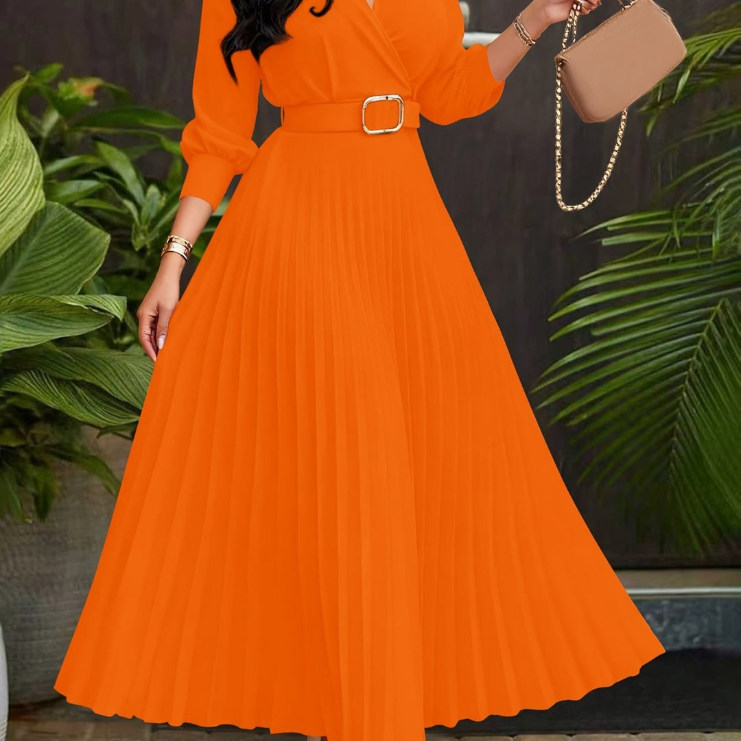 Elegant Pleated Wrap Maxi Dress for Women with Collar V Neck Balloon Sleeve Belted Flowing Style