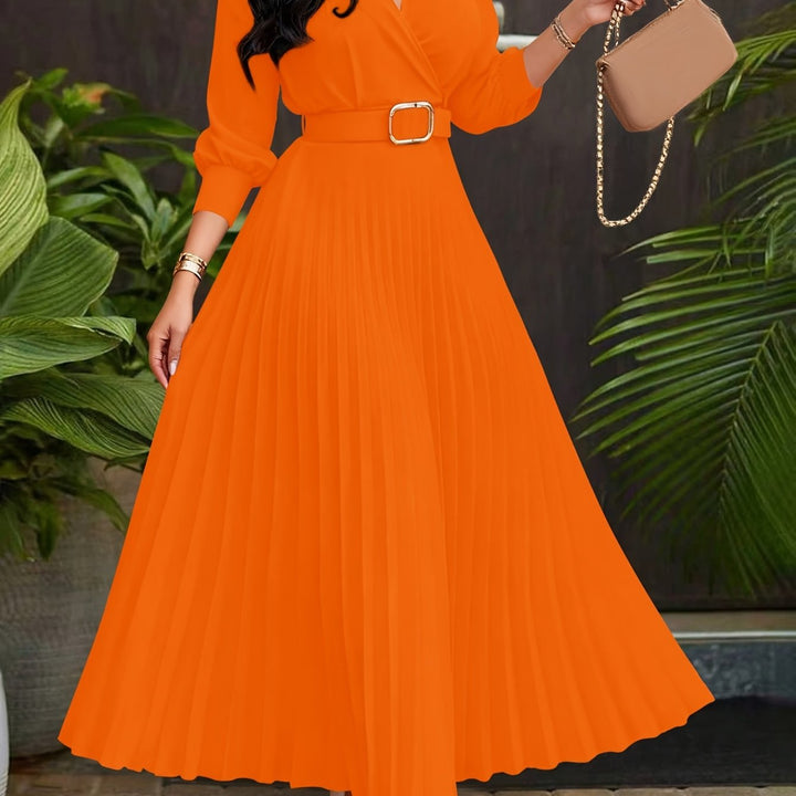 Elegant Pleated Wrap Maxi Dress for Women with Collar V Neck Balloon Sleeve Belted Flowing Style