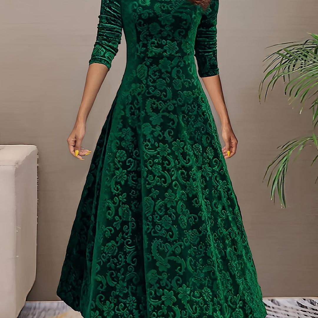 Elegant Velvet Floral Maxi Dress for Women with V Neck Long Sleeve A Line Flowing Formal Style