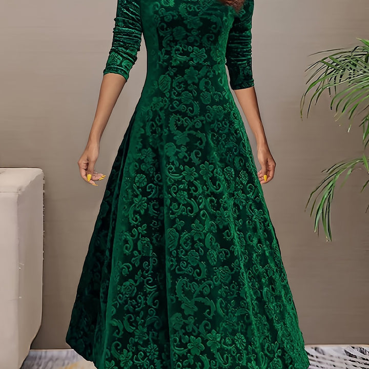Elegant Velvet Floral Maxi Dress for Women with V Neck Long Sleeve A Line Flowing Formal Style