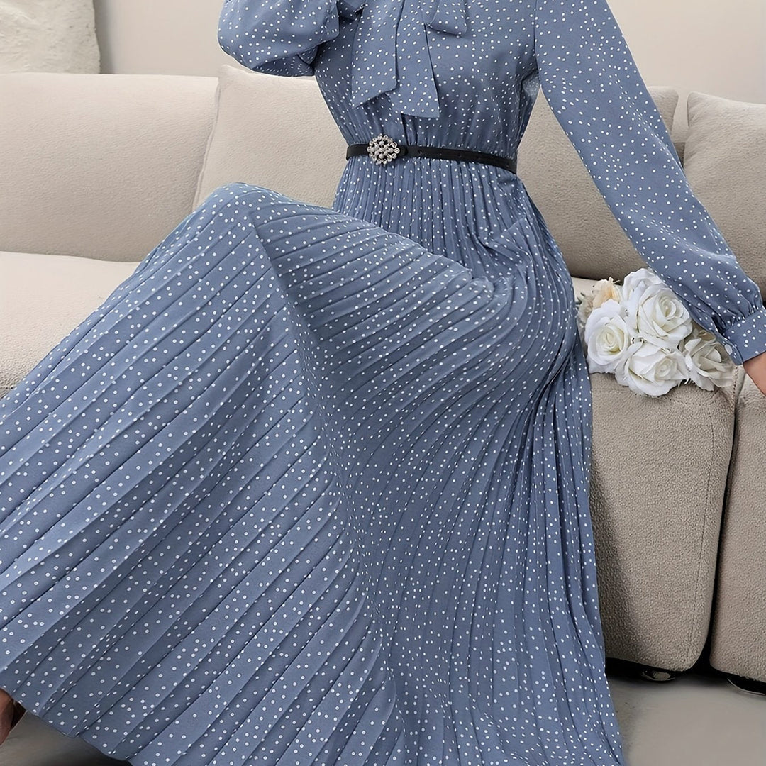 Elegant Polka Dot Maxi Dress for Women with Tie Neck Long Sleeve Pleated Belted Flowing Style