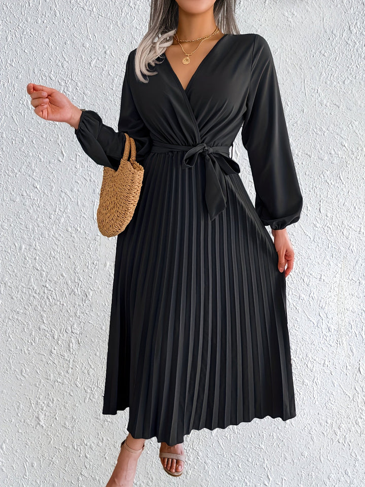 Elegant Pleated Wrap Maxi Dress for Women with V Neck Bishop Sleeve Belted Flowing Style