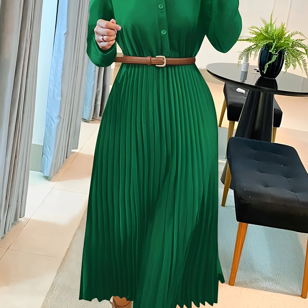 Elegant Pleated Shirt Dress for Women with Collar Long Sleeve Belted Flowing Style