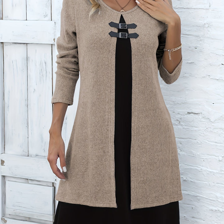 Elegant Ribbed Knit Two Tone Midi Dress for Women with Round Neck Long Sleeve Buckle Detail Layered Style