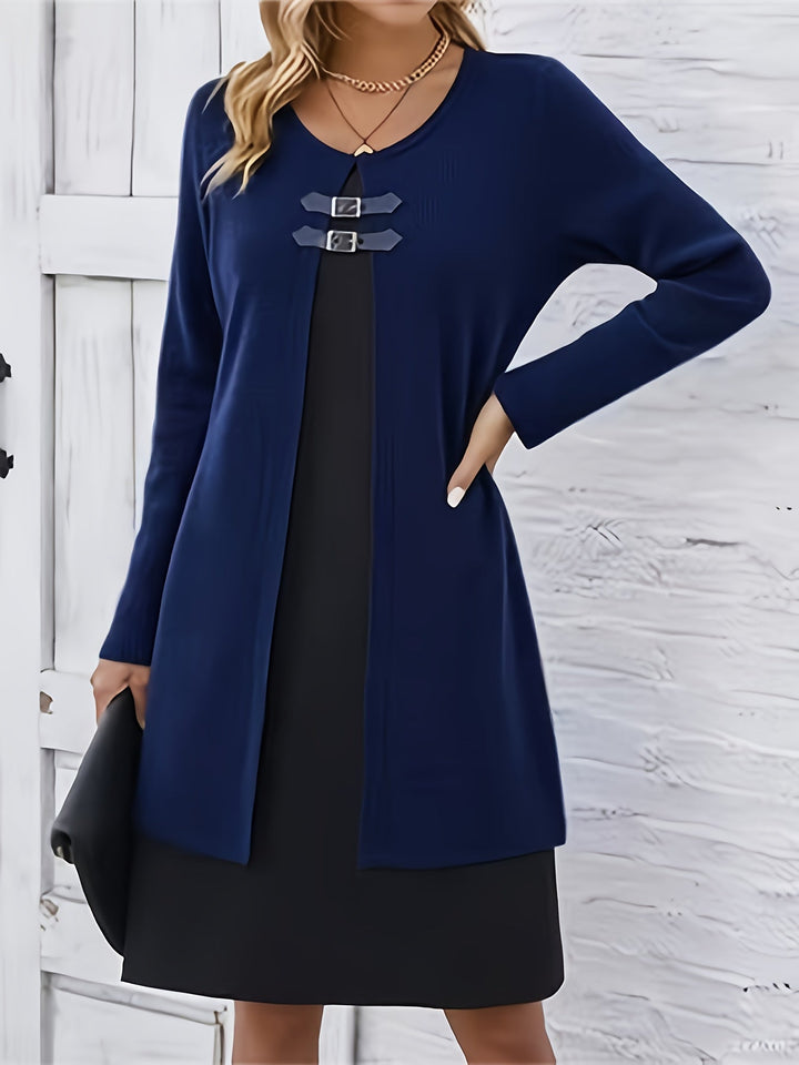 Elegant Ribbed Knit Two Tone Midi Dress for Women with Round Neck Long Sleeve Buckle Detail Layered Style