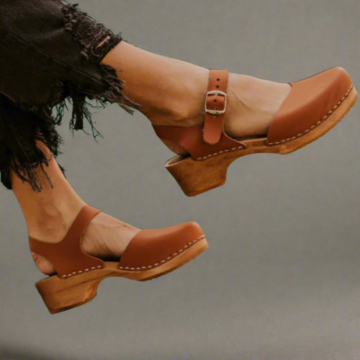 Effortless Leather Clog Sandal for Women with Round Toe Buckle Strap Wooden Heel Casual Style