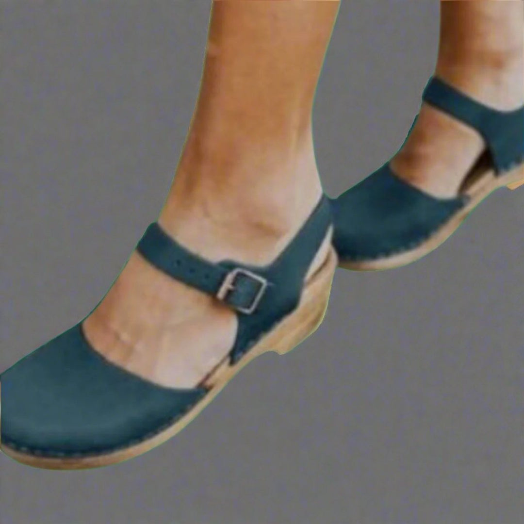 Effortless Leather Clog Sandal for Women with Round Toe Buckle Strap Wooden Heel Casual Style