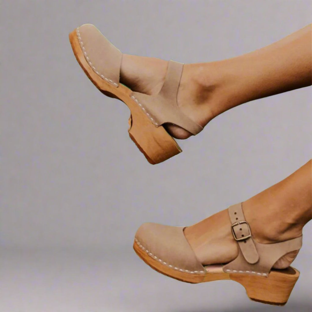Effortless Leather Clog Sandal for Women with Round Toe Buckle Strap Wooden Heel Casual Style
