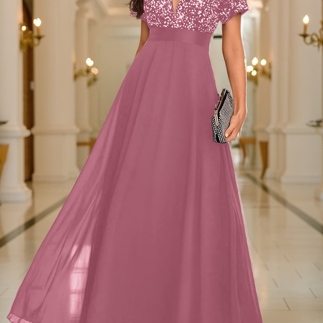 Elegant Sequin Maxi Dress for Women with V Neck Short Sleeve Empire Waist Flowing Formal Wedding Guest Style