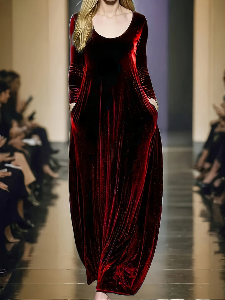 Elegant Velvet Maxi Dress for Women with Scoop Neck Long Sleeve Flowing Caftan Style