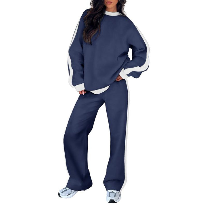 Comfortable Colorblock Wide Leg Set for Women with Crewneck Long Sleeve Contrast Stripe Two Piece Style